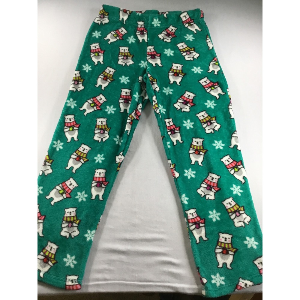 Fleece Pajama Pants M Festive Polar Bear Turquise Green Holiday Loungewear Cozy